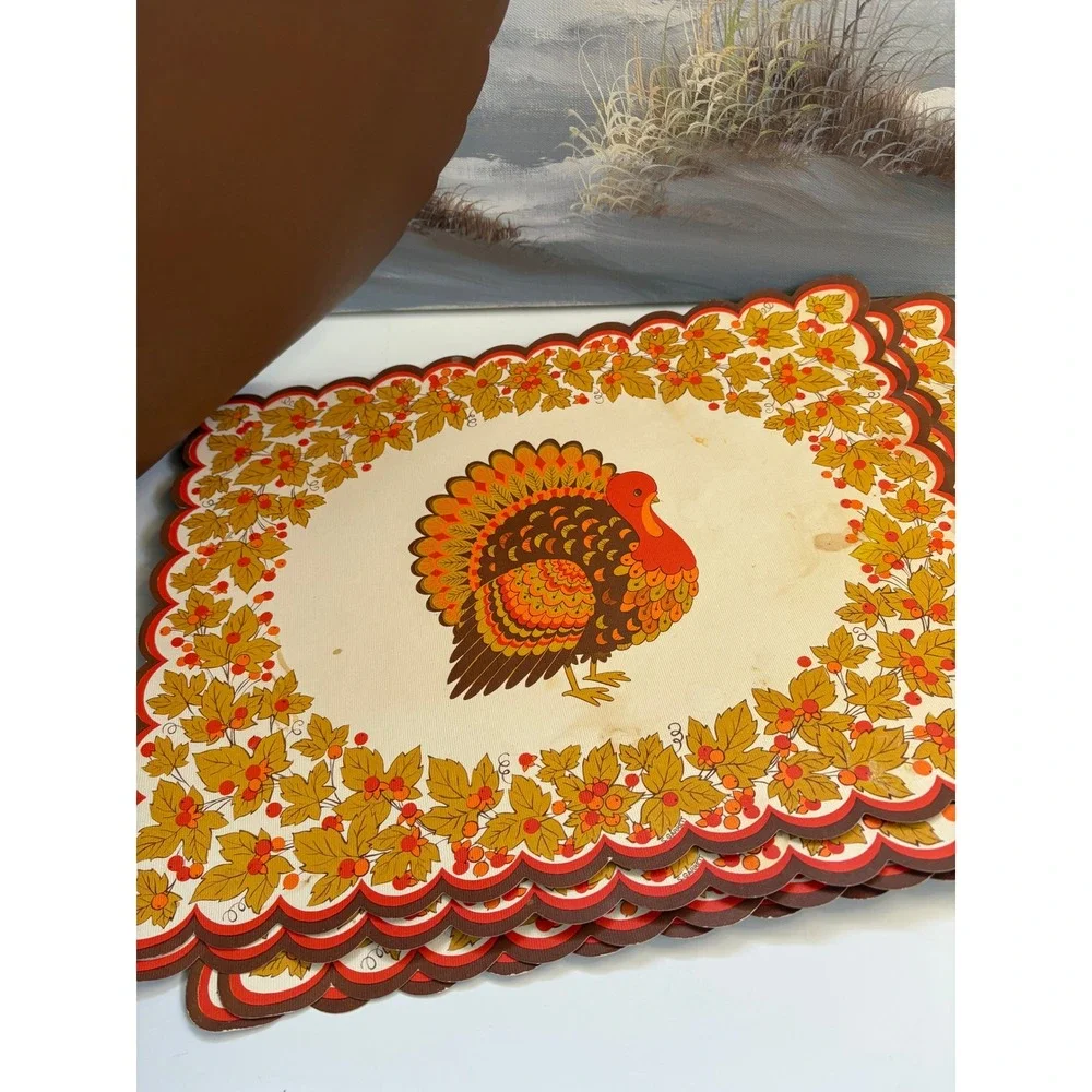 Vintage Thanksgiving Turkey Paper Placemats Set of 7 Scalloped Edge Harvest